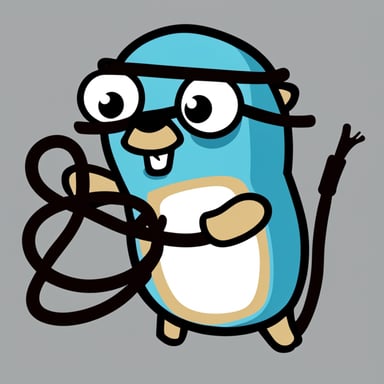 Go Blue Gopher plugging two cables together. Comical style graphics. No background.