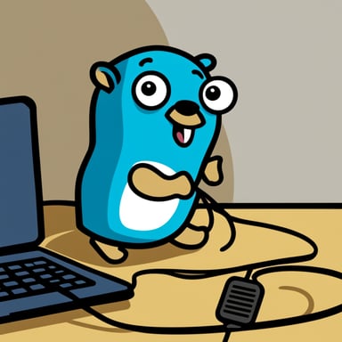 Go Blue Gopher plugging two cables together. Comical style graphics. No background.