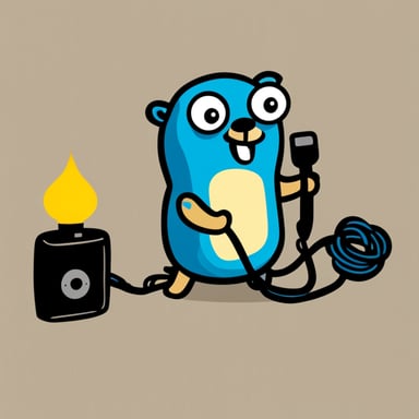 Go Blue Gopher plugging two cables together. Comical style graphics. No background.