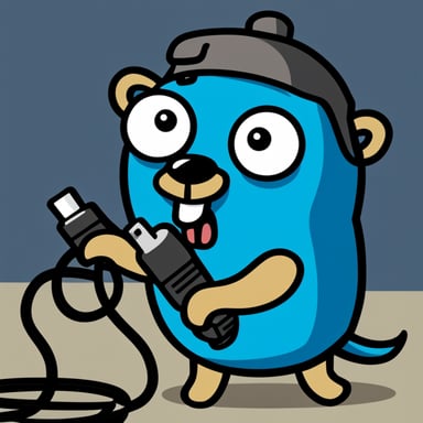 Go Blue Gopher is depicted plugging two plain simple cables together in a comical style, with no background. The gopher resembles the official mascot.