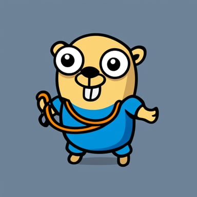 Go Blue Gopher is depicted plugging two plain simple cables together in a comical style, with no background. The gopher resembles the official mascot.