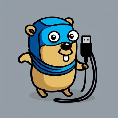 Go Blue Gopher is depicted plugging two plain simple cables together in a comical style, with no background. The gopher resembles the official mascot.
