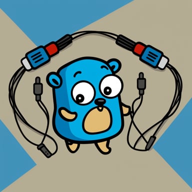 Go Blue Gopher is depicted plugging two plain simple cables together in a comical style, with no background. The gopher resembles the official mascot.
