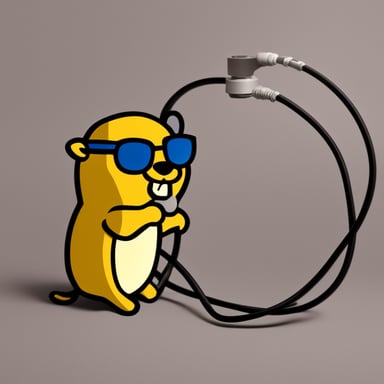 Go Blue Gopher glueing together two cables, cel shade style.