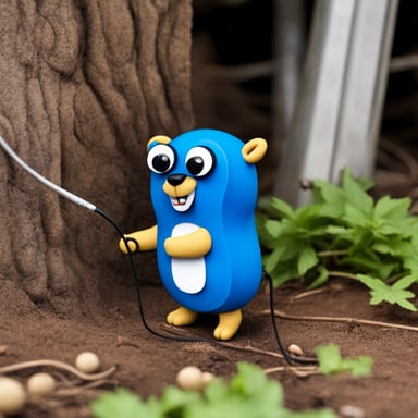 Go Blue Gopher glueing together two cables, cel shade style.