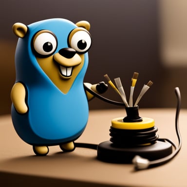 Go Blue Gopher glueing together two cables, cel shade style.