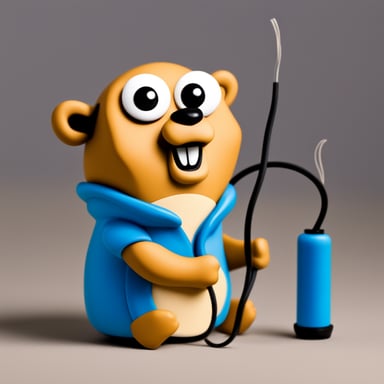 Go Blue Gopher glueing together two cables, cel shade style.