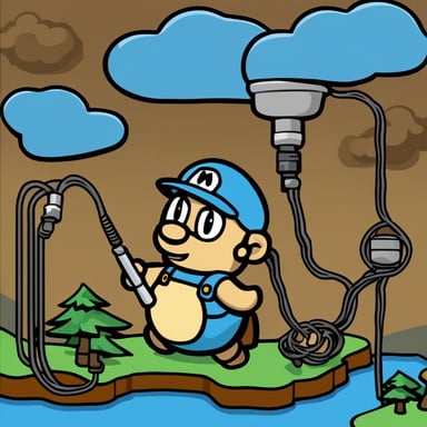 Go Blue Gopher wiring two cables together. Paper Mario style graphics. No background. Few details. Cables go out of picture.