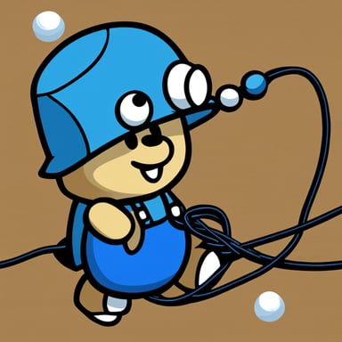Go Blue Gopher wiring two cables together. Paper Mario style graphics. No background. Few details. Cables go out of picture.