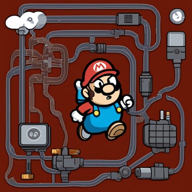 Go Blue Gopher wiring two cables together. Paper Mario style graphics. No background. Few details. Cables go out of picture.