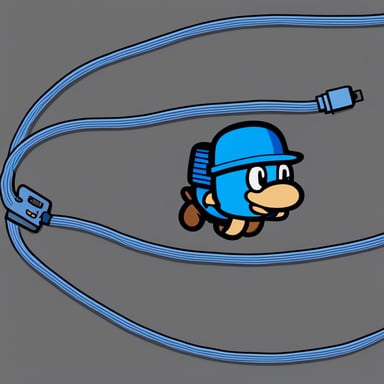 Go Blue Gopher wiring two cables together. Paper Mario style graphics. No background. Few details. Cables go out of picture.