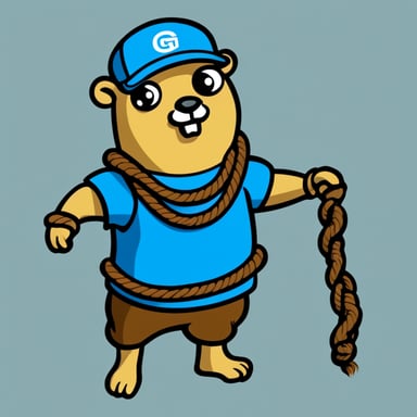 Go Blue Gopher, the official mascot, is depicted with no background, expertly tying two ropes together, all illustrated in a comic style.