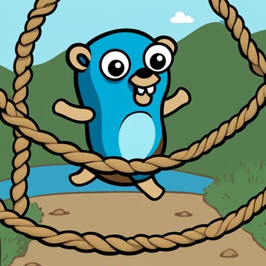 Go Blue Gopher, the official mascot, is depicted with no background, expertly tying two ropes together, all illustrated in a comic style.