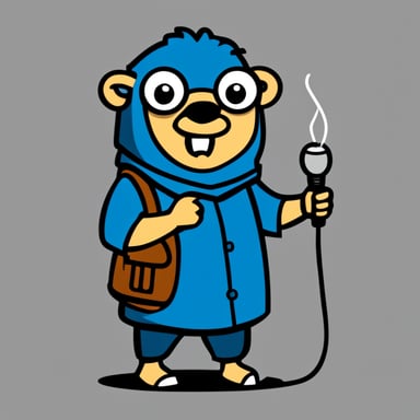 Go Blue Gopher as the official mascot, holding an electrical wire, depicted in simple, comic-style graphics.