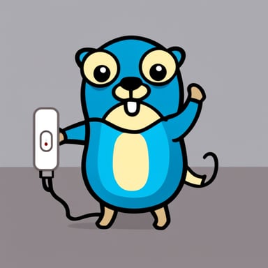 Go Blue Gopher as the official mascot, holding an electrical wire, depicted in simple, comic-style graphics.