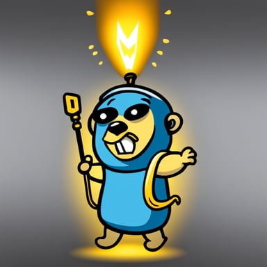 Go Blue Gopher looks like the original mascot with a happy, simple expression. In a comic graphic style, Go Blue Gopher connects two electrical cables, creating sparks at the connection point. The background is all white.