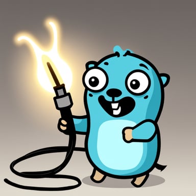 Go Blue Gopher looks like the original mascot with a happy, simple expression. In a comic graphic style, Go Blue Gopher connects two electrical cables, creating sparks at the connection point. The background is all white.