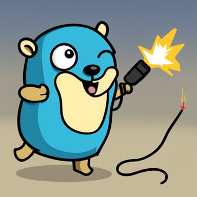 Go Blue Gopher looks like the original mascot with a happy, simple expression. In a comic graphic style, Go Blue Gopher connects two electrical cables, creating sparks at the connection point. The background is all white.