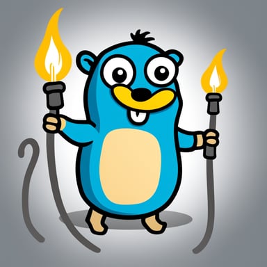 Go Blue Gopher looks like the original mascot with a happy, simple expression. In a comic graphic style, Go Blue Gopher connects two electrical cables, creating sparks at the connection point. The background is all white. Go Blue Gopher holds one wire in each hand.