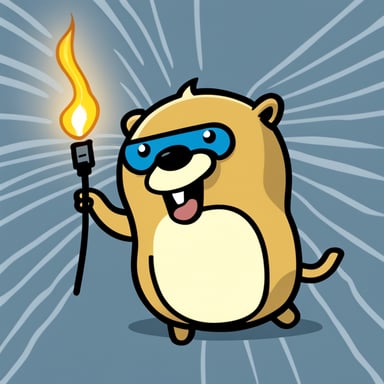 Go Blue Gopher looks like the original mascot with a happy, simple expression. In a comic graphic style, Go Blue Gopher connects two electrical cables, creating sparks at the connection point. The background is all white. Go Blue Gopher holds one wire in each hand.