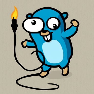 Go Blue Gopher looks like the original mascot with a happy, simple expression. In a comic graphic style, Go Blue Gopher connects two electrical cables, creating sparks at the connection point. The background is all white. Go Blue Gopher holds one wire in each hand.