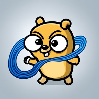 Go Blue Gopher looks like the original mascot with a happy, simple expression. In a comic graphic style, Go Blue Gopher connects two electrical cables, creating sparks at the connection point. The background is all white. Go Blue Gopher holds one wire in each hand.