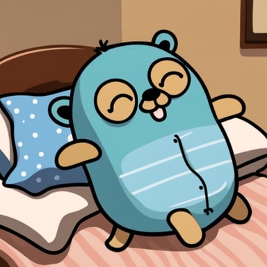 Sleepy Go Blue Gopher in pajamas with a pillow.