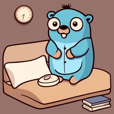 Sleepy Go Blue Gopher in pajamas with a pillow.