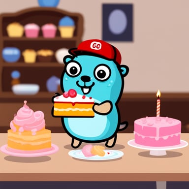 Go Blue Gopher eating a slice of cake.