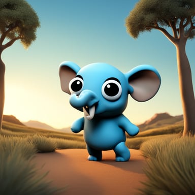 A 3D Go Blue Gopher designed to look like an elephant, with grey skin and elephant-like features such as large ears, a trunk, and tusks. The Go Blue Gopher is wearing an Apple Watch on one of its arms. The background is an African savannah with grassy plains, acacia trees, and a clear blue sky.