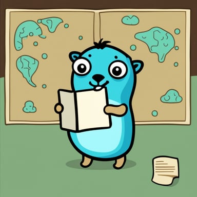 Go Blue Gopher following a map to a database.
