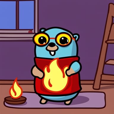 Go Blue Gopher staying calm in a room with fire.
