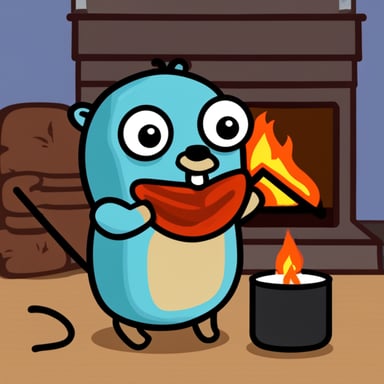 Go Blue Gopher staying calm in a room with fire.