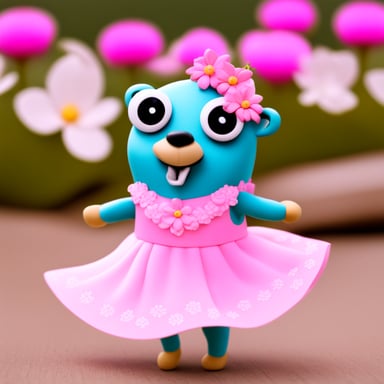 Go Blue Gopher wearing a pink dress with flowers around.