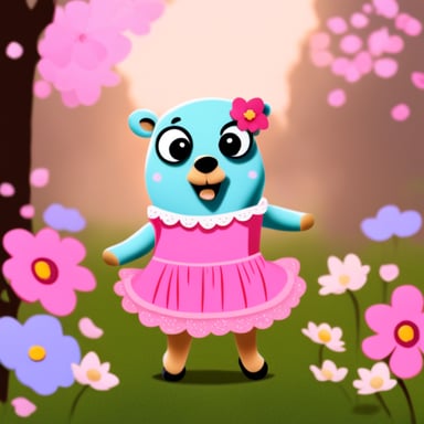 Go Blue Gopher wearing a pink dress with flowers around.