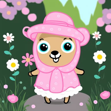 Go Blue Gopher wearing a pink dress with flowers around.