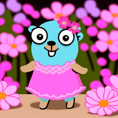 Go Blue Gopher wearing a pink dress with flowers around.