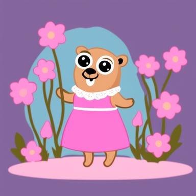 Go Blue Gopher wearing a pink dress with flowers around, with makeup on.
