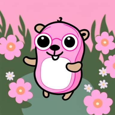 Go Blue Gopher wearing a pink dress with flowers around, with makeup on.