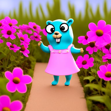Go Blue Gopher wearing a pink dress with flowers around, with makeup on.