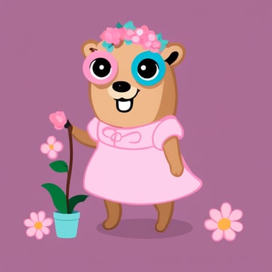 Go Blue Gopher wearing a pink dress with flowers around, with makeup on.