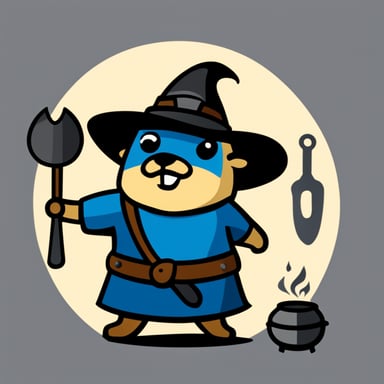Go Blue Gopher as a medieval blacksmith for the logo, designed in a flat graphic style.