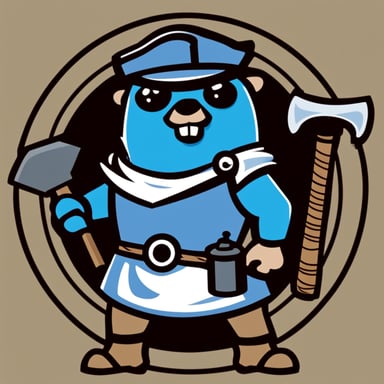Go Blue Gopher, depicted as a medieval blacksmith, stands near an anvil with a hammer in hand for the logo, designed in a flat graphic style.