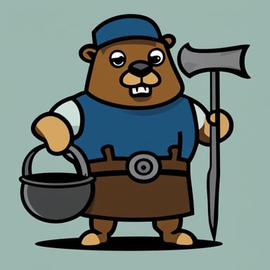 Go Blue Gopher, depicted as a medieval blacksmith, stands near an anvil with a hammer in hand for the logo, designed in a flat graphic style.