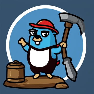 Go Blue Gopher, depicted as a medieval blacksmith, stands near an anvil with a hammer in hand for the logo, designed in a flat graphic style.