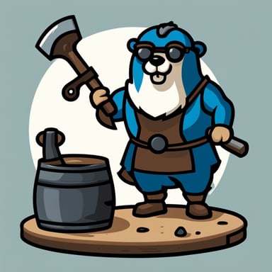 Go Blue Gopher, depicted as a medieval blacksmith, stands near an anvil with a hammer in hand for the logo, designed in a flat graphic style.