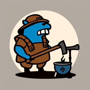 Go Blue Gopher, depicted as a medieval blacksmith in the forge, stands near an anvil with a hammer in hand for the logo, designed in a flat graphic style.