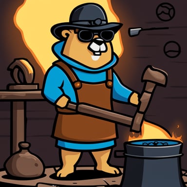 Go Blue Gopher, depicted as a medieval blacksmith in the forge, stands near an anvil with a hammer in hand for the logo, designed in a flat graphic style.