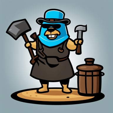 Go Blue Gopher, depicted as a medieval blacksmith in the forge, stands near an anvil with a hammer in hand for the logo, designed in a flat graphic style.
