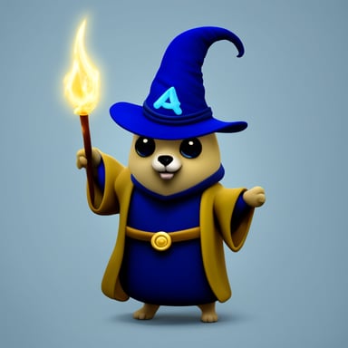 Go Blue Gopher, wearing a wizard hat, casts a spell in the form of a mesh with a wand.